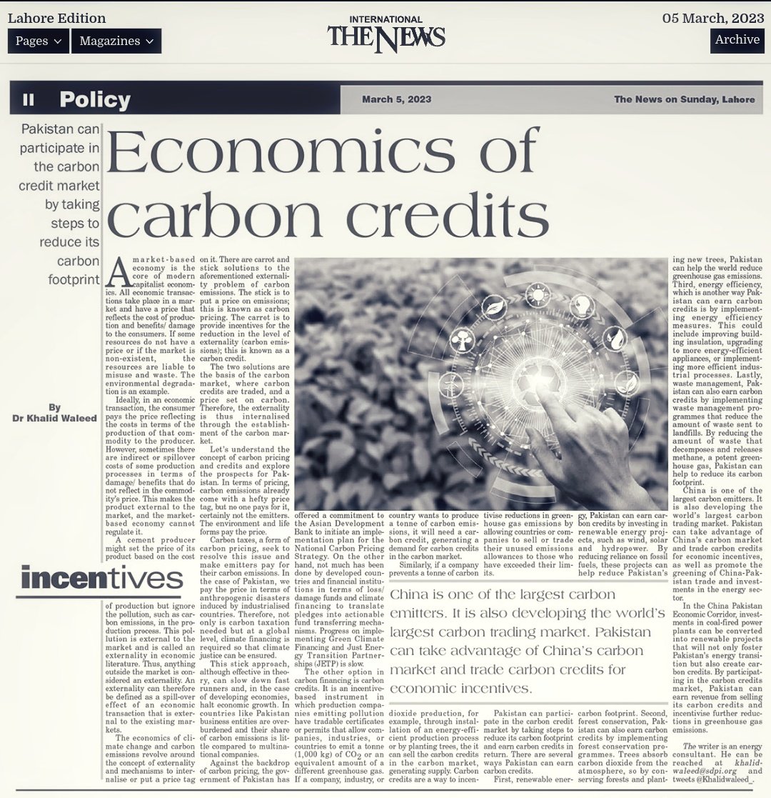 Tried to explore the #economics of #carboncredits and #China's carbon market in today's <a href="/thenews_intl/">The News</a>'s op-ed. 

1/ 🌍💰 Carbon credits can be a powerful tool in the fight against climate change. By incentivizing reductions in greenhouse gas emissions, countries and companies can