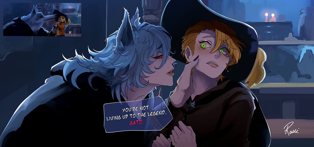 hiddenruvi's tweet photo. Yesterday I watched Puss in Boots 2... and I ended up simping for Death and shipping them (srrynotsorry). 
🐺🖤🐈
-Puss looked so cute in that frame, and I ended up drawing him that cute- 

#pussinboots2 #deathpuss #deathxpuss #bl #pussinbootsfanart #fanart #yaoi https://t.co/z4piZmkzH2