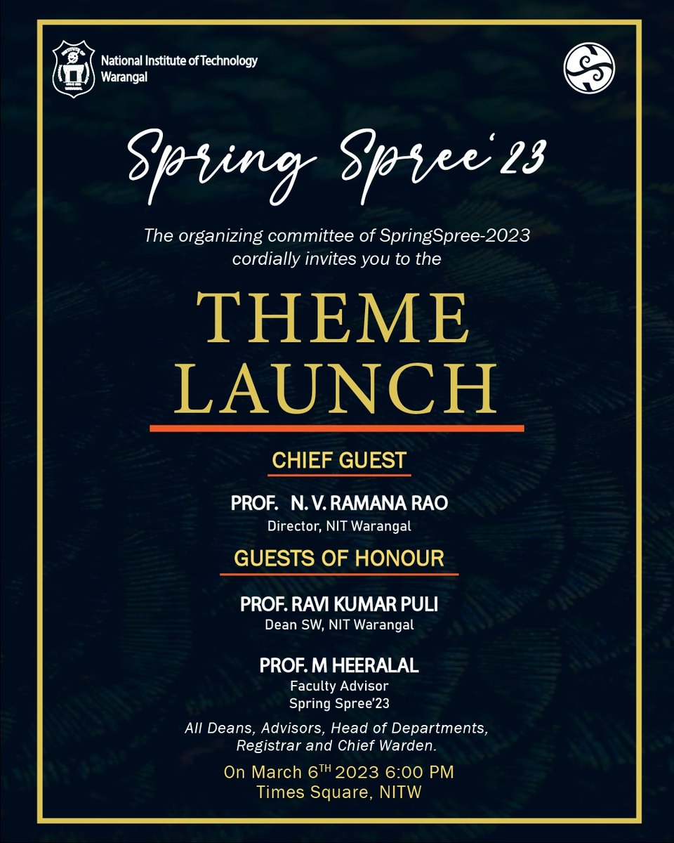 ss_nitw's tweet photo. We invite you to join us on March 6th at 6 pm, Time Square @warangal_nit for the official theme release event. We believe this will be a fantastic opportunity for everyone to come together and get a glimpse of what's in store for the upcoming Spring Spree.

see you all there !! https://t.co/NfVx4p8w43