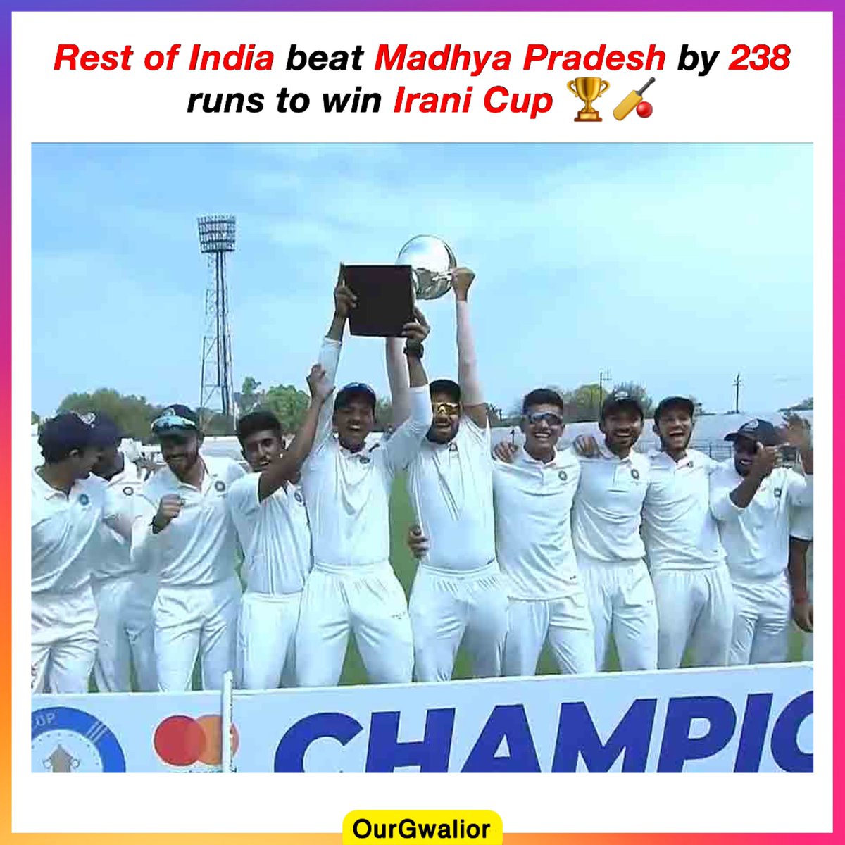 OurGwalior's tweet photo. Rest of India defeated Madhya Pradesh by a huge margin of 238 runs in Irani Cup match. In the match played at Gwalior, Rest of India batted first and scored 484 runs in the first innings. In reply, Madhya Pradesh’s first innings was limited to 294 runs. https://t.co/1BNX3qYHa3