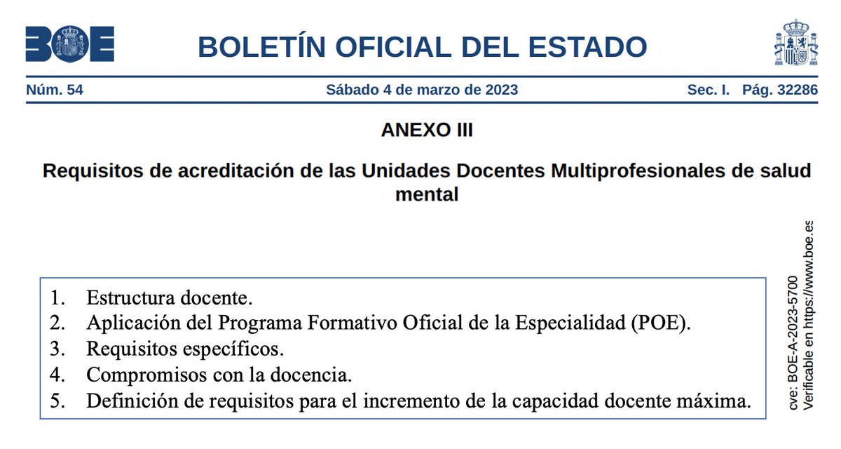 ¡Atención #MásPlazasPIR!

Ayer se publicó un BOE con los Requisitos para la Acreditación de Unidades Docentes Multiprofesionales en Salud Mental

El plazo de solicitud para la creación y ampliación de plazas se va a abrir pronto, los implicados revisadlo

boe.es/boe/dias/2023/…