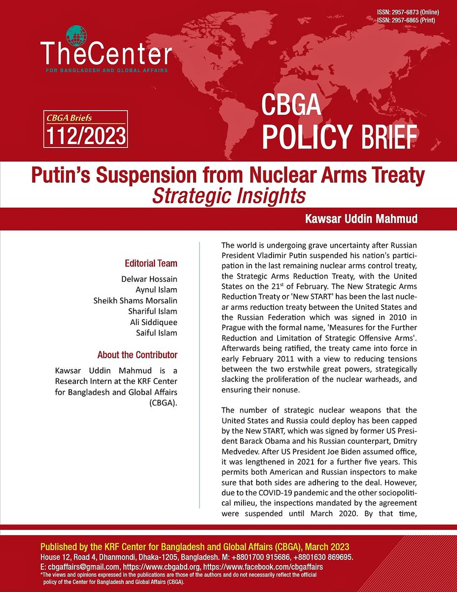 I'm glad to share that my writing on "Putin's Suspension from Nuclear Arms Treaty" has been published as a 'CBGA Policy Brief' by the KRF- CBGA.

To read the full brief: cbgabd.org/2023/03/05/put…