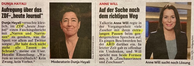 KEIN WUNDER --- gerade DIE beiden gendern und spielen in den "öffentlichrechtlichen" (?) ARD + ZDF ihre queren Gutmenschenstouren, betreiben aber gleichzeitig fast täglich Kriegshetzen im Sinne Selenskyjs. Genau darum sind sie ja auch "unersetzbar".