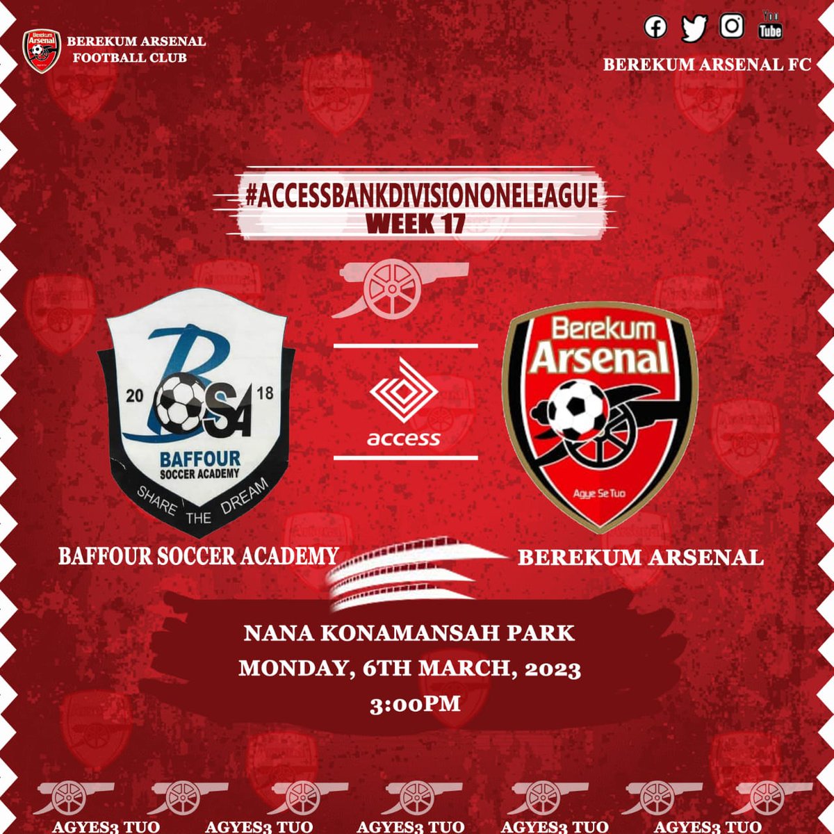 UP NEXT 

#BAFC 
#AgyeS3Tuo 
#BringBackTheLove 
<a href="/DivisionOneGH/">🇬🇭 Access Bank Division One League</a> <a href="/BaffourSoccerAc/">BAFFOUR SOCCER ACADEMY</a>