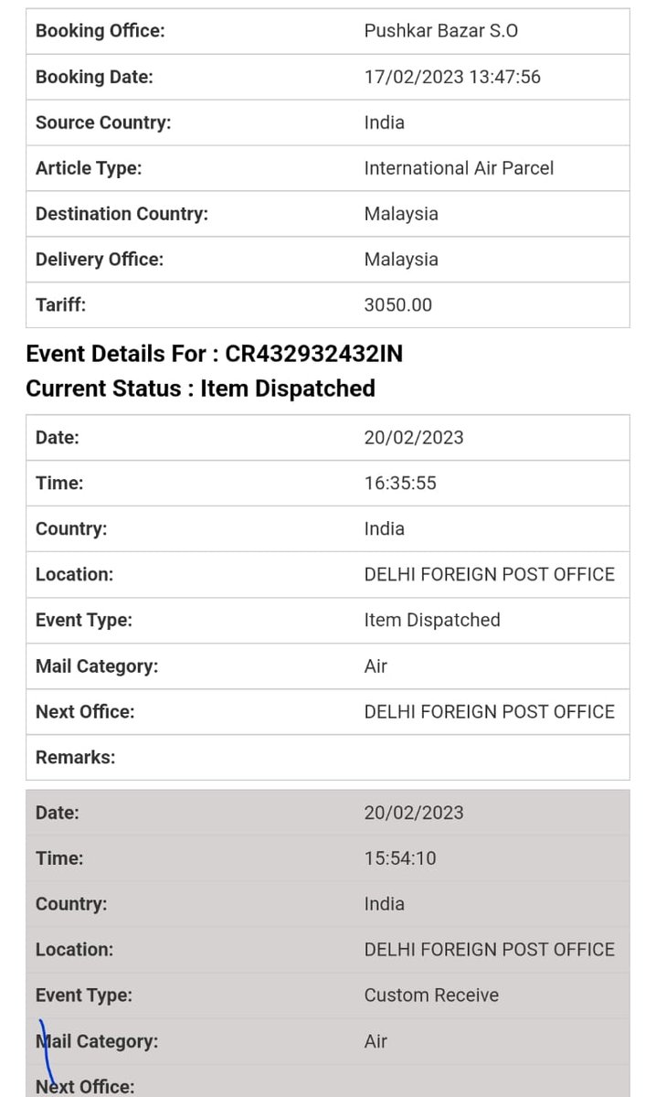 che_ranjith's tweet photo. Consinment number: CR432932432IN
I asking for status regarding this consinment. Because since feb20 status remain same .India post replying for all tweet please consider your tweet and reply status of your consinment. Thank you.
@IndiaPostOffice @ForeignDelhi https://t.co/ljWnZqIKks