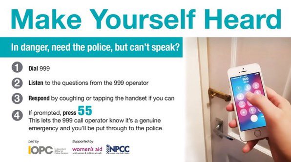 Do you need to call 999 but too scared to speak or make a noise? 
You can press 55 when dialling 999 from a mobile, this then tells the police that the call is a genuine emergency.
#SilentSolution #MakeYourselfHeard