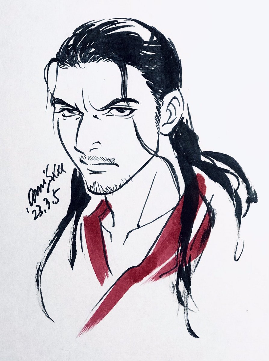 1boy male focus solo facial hair long hair looking at viewer signature  illustration images