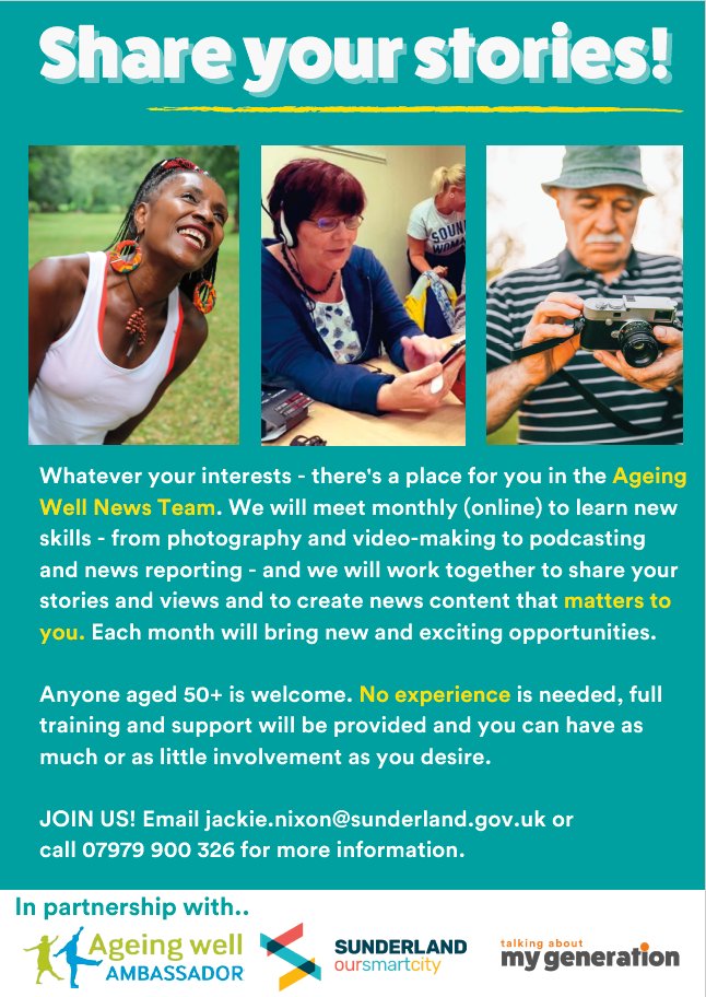 Share your stories 📷

As part of our ageing well programme, there's a monthly online session to learn new skills from photography to news reporting. 

If you're a Sunderland resident aged 50+ sign up by emailing Jackie.Nixon@sunderland.gov.uk or call 07979900 for info.