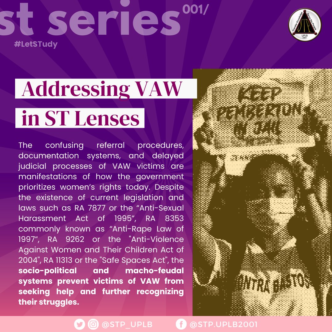 STP_UPLB's tweet photo. As peoples of today, let us diminish gender-based violence across various sectors in society and support a multifaceted and intersectoral approach in order to end violence against women towards achieving social development of our nation. 

#EndViolenceAgainstWomen #LetSTudy https://t.co/6aCQnW2gug