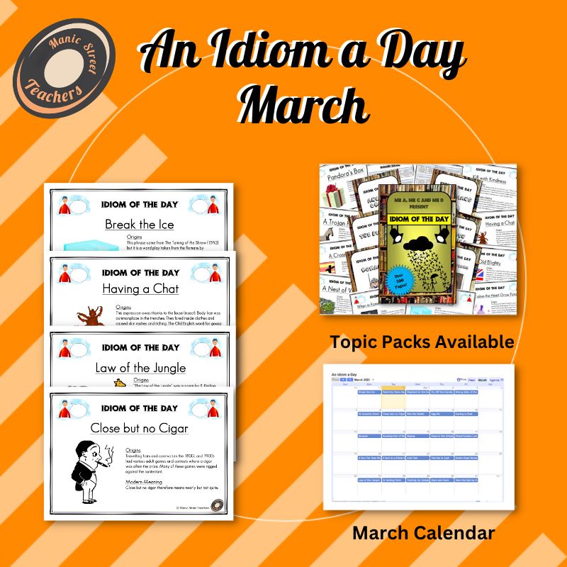 ManicStTeachers's tweet image. 🚨 An Idiom a Day - March! 🚨 

Now online is our Idiom a Day calendar with a different idiom, its origin and its meaning, for every day of March. Great for morning discussions, display, handwriting or English/History work.

Freebies and resources here: manicstreetteachers.com/an-idiom-a-day…