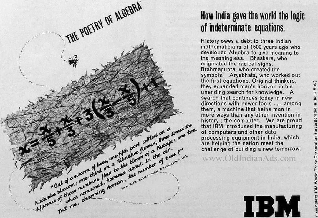 PrasanthIAS's tweet photo. IBM ad 45 years ago (1973).  

Significantly, the quote is addressed to a woman. In all other cultures, education especially mathematics was a male preserve. 

So what’s the answer to the query? https://t.co/ZNFHGQBjiG