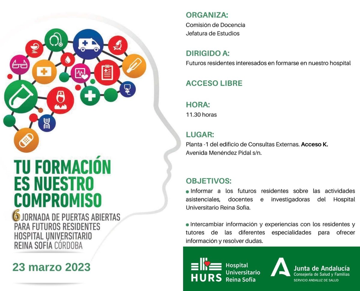 HUReinaSofia's tweet photo. 🏥 ¡Recuerda! El 23/03 celebramos nuestra Jornada de #PuertasAbiertas para futuros #residentes!
⌚11:30 
🏥 Planta -1 (Ed. Consultas Externas - K)
✔ Inscripción 👉 https://t.co/o0VbxiAytS
🎥 Bienvenida👉https://t.co/dYvczwiygZ
🔎 Unidades Docentes 👉https://t.co/LvgELeJwXF https://t.co/YCWTeWcWBQ