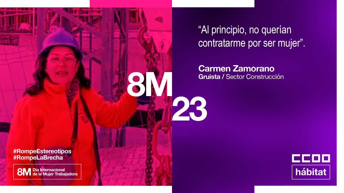CCOO_Habitat's tweet photo. 👉 Carmen, gruista🏗️, tuvo que enfrentarse al sexismo de su sector. 

Su testimonio nos recuerda que existen brechas que debemos romper para cambiar nuestro sistema de relaciones laborales.       

Este #8M, grítalo con nosotras: ¡Rompe los estereotipos! #RompeLaBrecha✊ https://t.co/ymVBuZMGf6