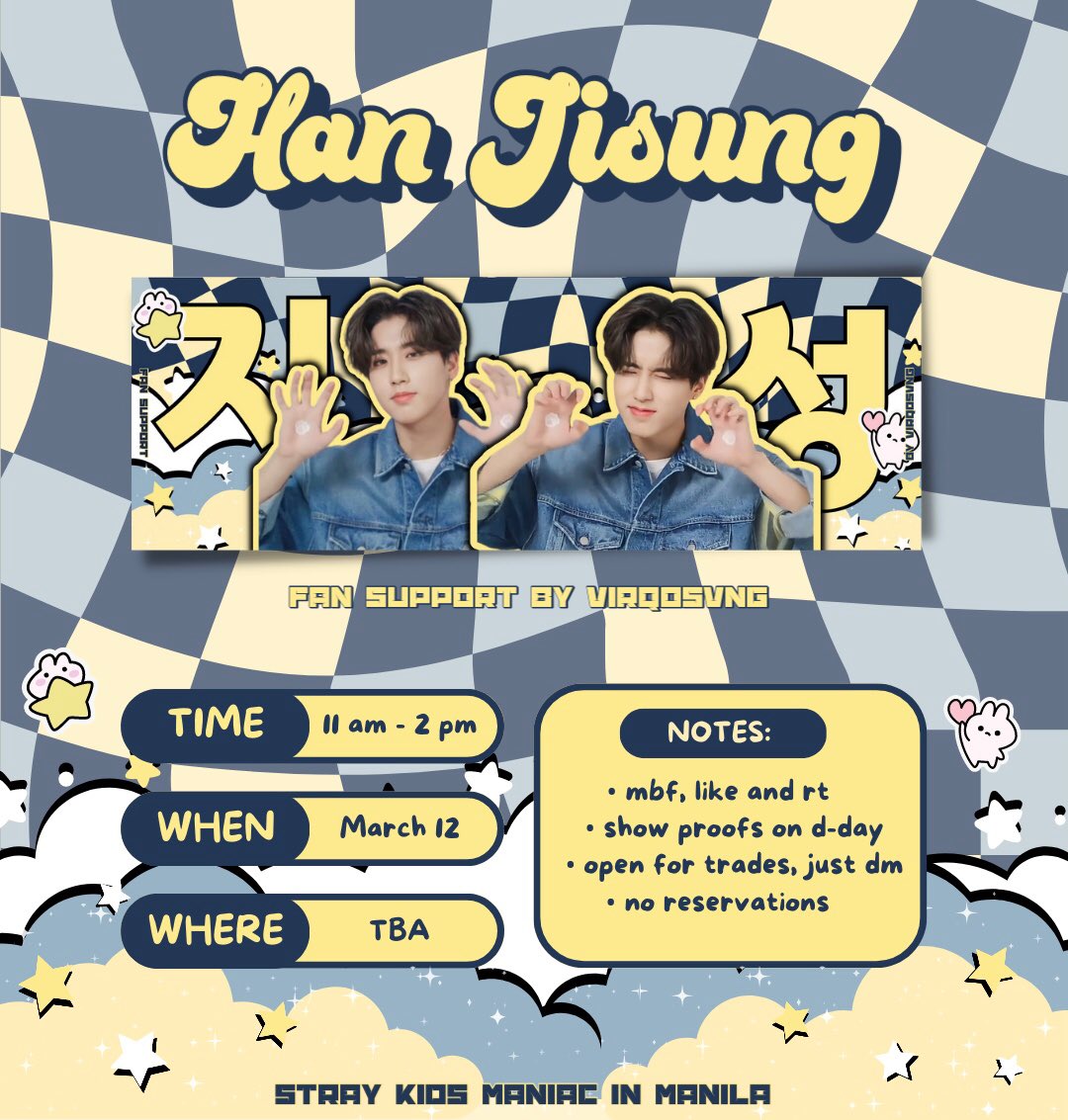 virqosvng's tweet photo. 𓂋 ✦ LEE KNOW &amp; HAN FAN SUPPORT .ᐟ 

🗓 March 12 — MOA Arena

⤿ mbf, like and rt
⤿ choose 1 only
⤿ exact location: tba
⤿ show proofs on d-day!

🗯 open for trades, just send a dm

#SKZinMNL2023 #SKZinManila2023 #MANIAC_IN_MANILA https://t.co/9Sr4Cnoizg
