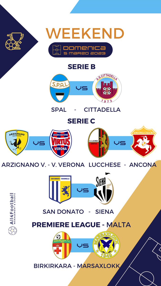 All_4_Football's tweet image. WEEKEND‼️
Ancora #weekend, ancora partite!
I nostri calciatori chiamati in campo a dare il massimo come ogni domenica.

#weekendmatch #partite #calcio #calcioitaliano #calciatori #giovanitalenti #procuratore #management #All4Football #A4F