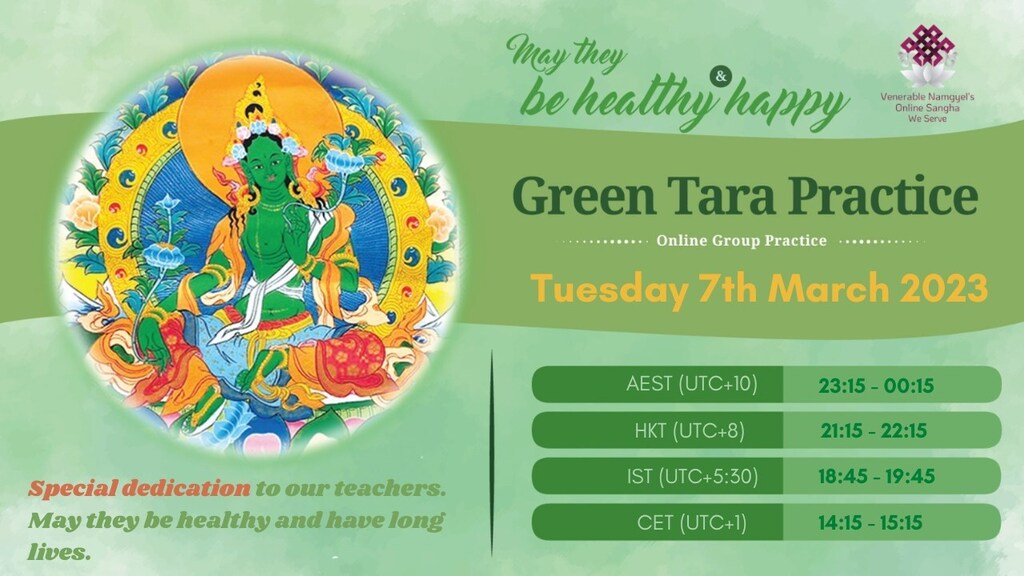 Green Tara Group Practice on Full Moon Day
During Chotrul Duchen - Merit multiplied by Millions!
 
The 15th day of the Tibetan month is a special date for Tara practice.

Green Tara is a Buddha in the female aspect; helps to remove all obstacles on the p… ift.tt/8nuDhTM