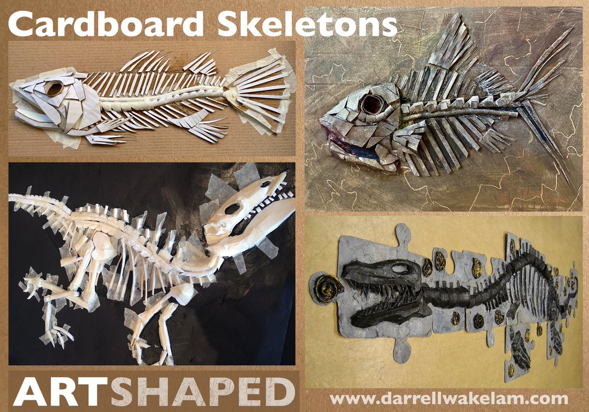 With #ScienceWeek fast approaching here's some 'Cardboard Skeletons' . . . a creative way to link art with science, biology, and palaeontology using simple techniques and recyclable materials. These examples are from my book 'Art Shaped' which is available now. 🤩 @BloomsburyEd