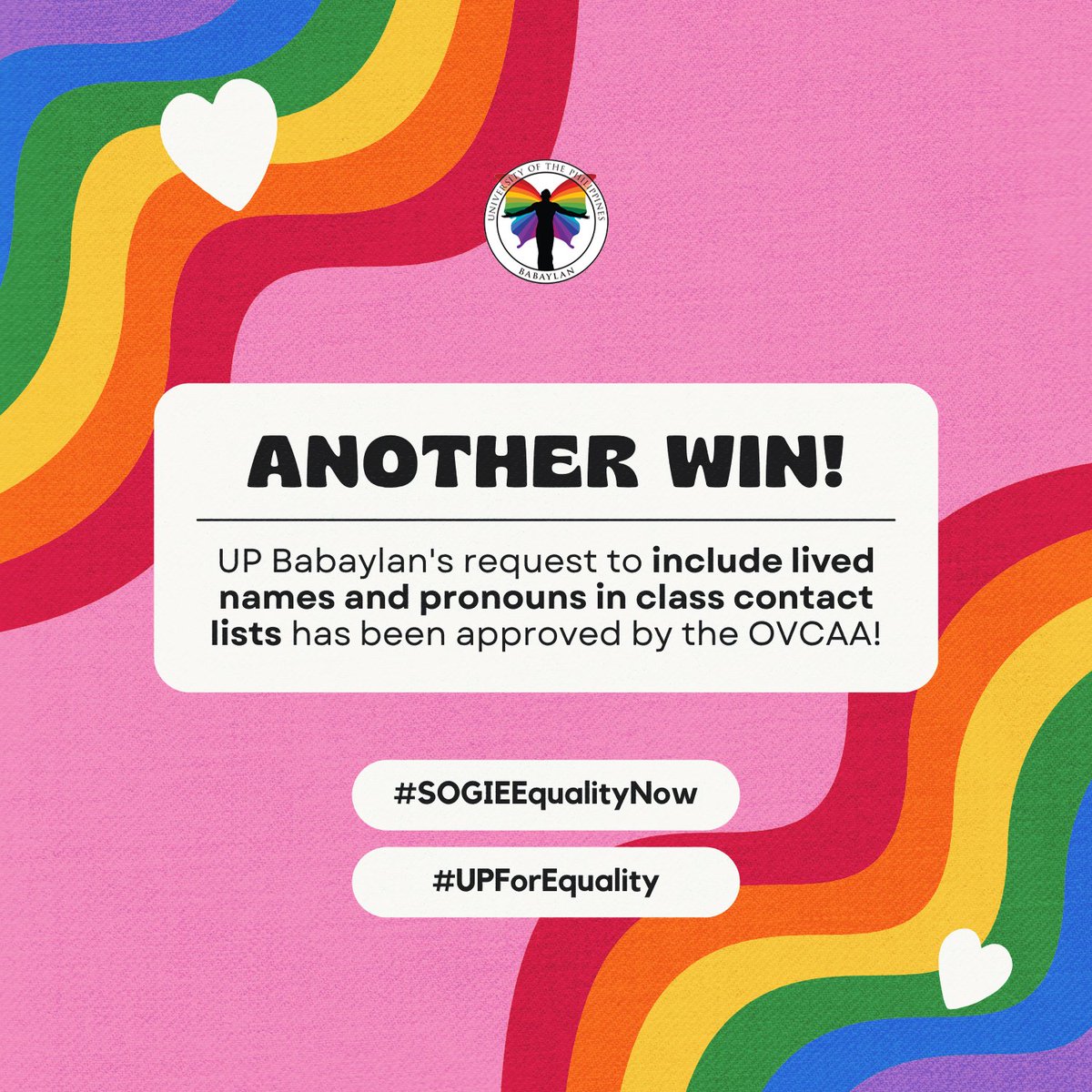 upbabaylan's tweet photo. Itβs a rainbow win! πβπΌ
UP Babaylanβs letter of request to include the lived names and pronouns of students in all class-related lists accessible to professors has been approved by the OVCAA and implemented in CRS! π³οΈβππ³οΈββ§οΈ
#SOGIEEqualityNow
#UPForEquality https://t.co/NpKkGyCXy0