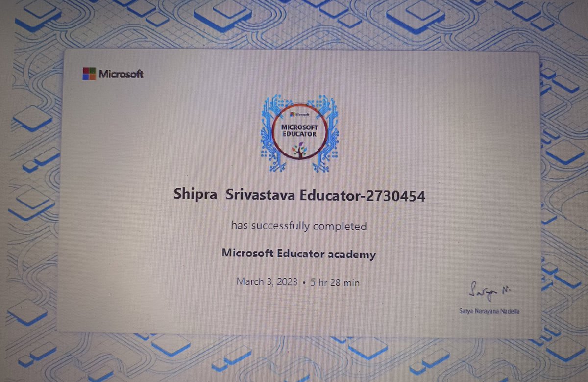 Shipra_Srivastv's tweet photo. Feeling glad to have completed Microsoft Digital Skilling Program for Teachers Level 1. Looking forward to Advanced Level. #digitallyempowered #hybridlearning @cbseindia29 @MicrosoftEDU @_TechAvantGarde
Gratitude @ashokkp @y_sanjay @Kavita_hm @sodhisumedha
@gauri23982358 https://t.co/AUHB3vj8Do
