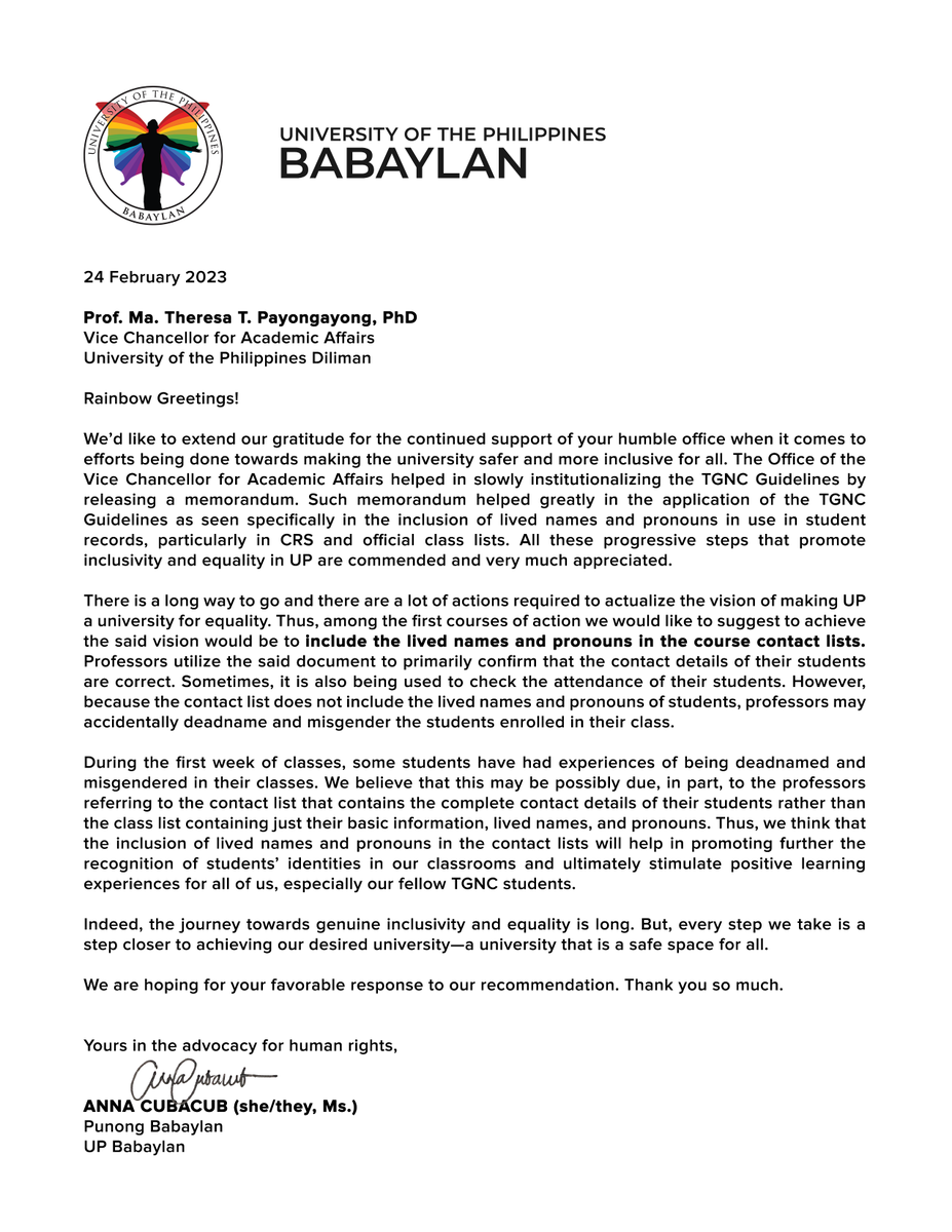 upbabaylan's tweet photo. CONTEXT: During the first weeks of classes, transgender & gender non-conforming (TGNC) students still experienced deadnaming & misgendering that may be due partly to professors referring to class contact lists, which donβt include studentsβ lived names & pronouns.
#UPForEquality https://t.co/aJsmutwS85