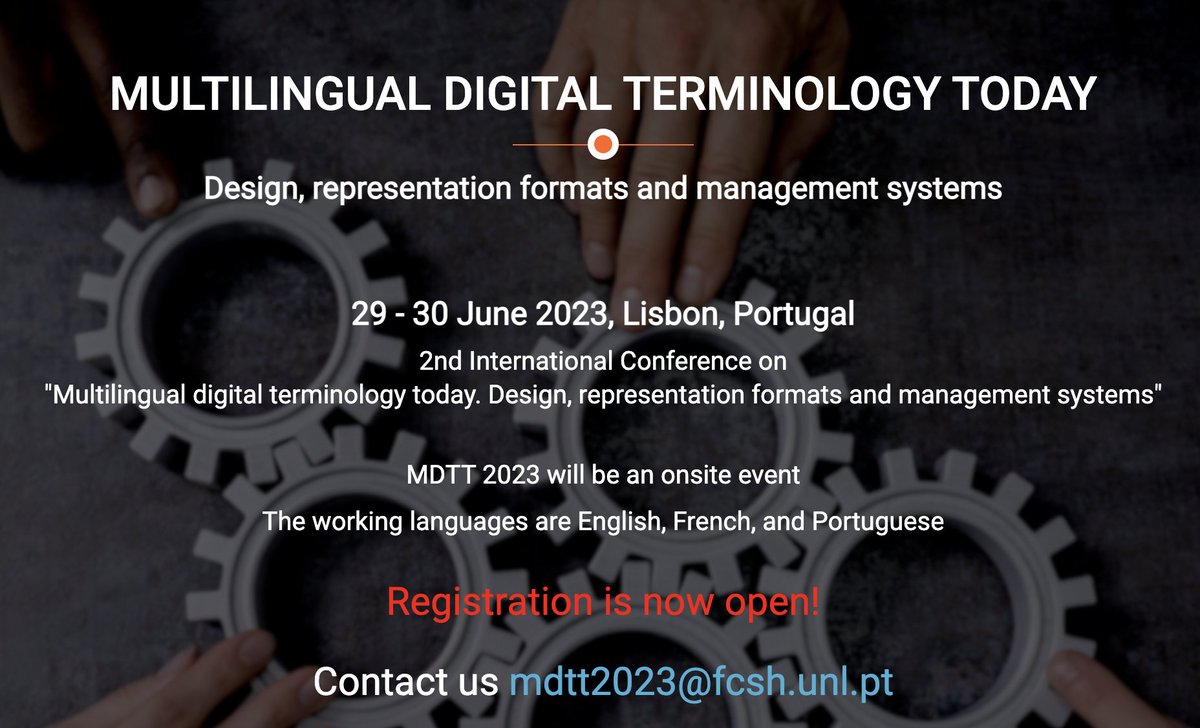 Registrations to the next MDTT 2023 conference are now open!
Don't miss the early bird registration fee (until May 31st)!
The official link to register is the following

clunl.fcsh.unl.pt/en/mdtt-2023-i…

#terminology #lexicography #ontology #LLOD #FAIRterminology #standards #translation
