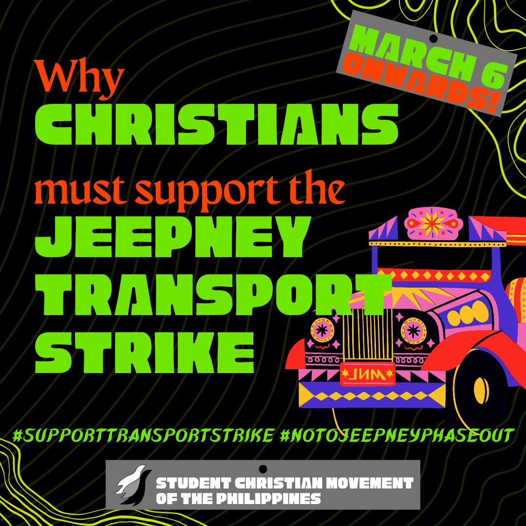SCMPhilippines's tweet photo. 🧵 [ THREAD ]

WHY CHRISTIANS MUST SUPPORT THE JEEPNEY TRANSPORT STRIKE? [1/10]

#NoToJeepneyPhaseout! 
#SupportTransportStrike! 

https://t.co/tjbtgr7sY3 https://t.co/WxcXIKDtBC
