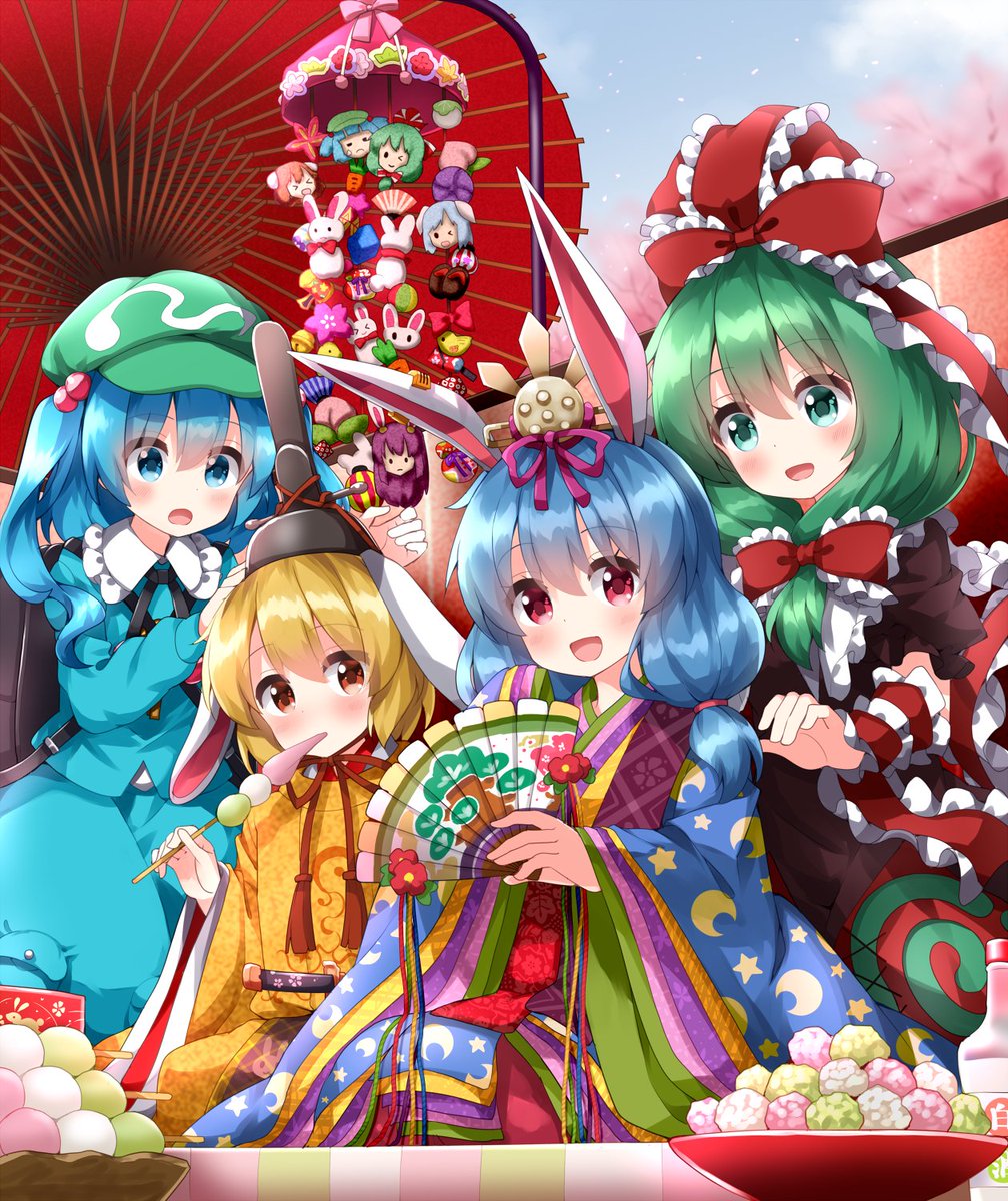 kagiyama hina ,kawashiro nitori ,ringo (touhou) ,seiran (touhou) multiple girls dango green hair blue hair rabbit ears animal ears food  illustration images