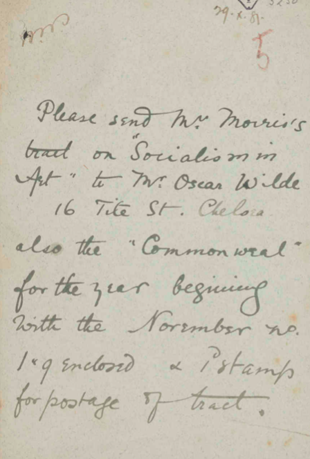 WMCommonweal's tweet photo. In October 1887 Oscar Wilde requested one of William Morris's tracts on socialism &amp; art, and back issues of Commonweal. He included postage. From the Socialist League archive. #Commonweal #WilliamMorris #OscarWilde https://t.co/zg4vSVNi8k