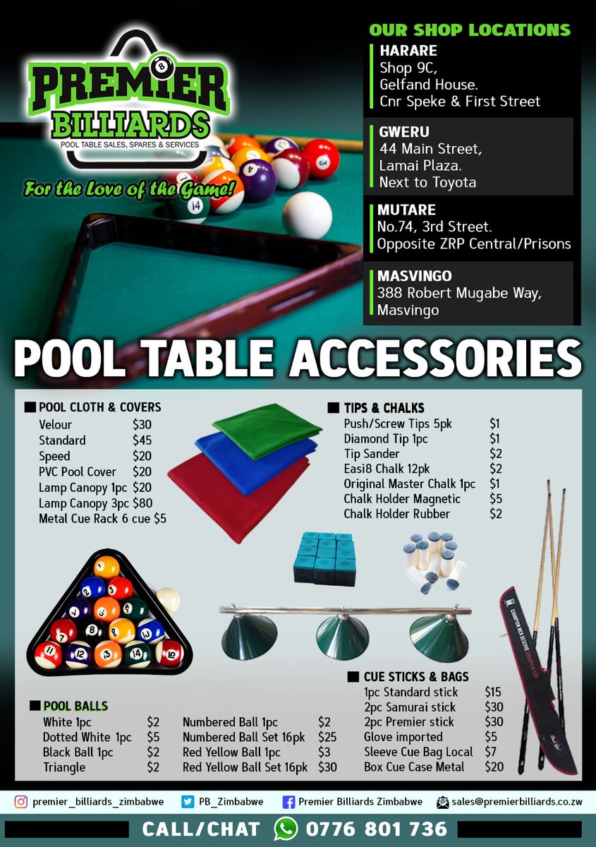 #redmarketsunday
<a href="/redmarketsunday/">Red Market Sunday</a> 
<a href="/iMisred/">MISRED</a> 
PREMIER BILLIARDS ZIMBABWE. We provide the best price and quality for Pool, Soccer and Tables, Spares &amp; Accessories, Call/App Premier Billiards +263776801736