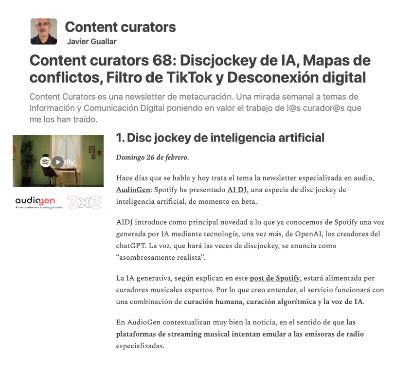 LuismiPedrero's tweet photo. La función #AIDJ de @Spotify constituye un nuevo intento de las plataformas de #streaming de audio por emular a las #radios musicales: gracias a @jguallar por hacerse eco en #ContentCurators de nuestras reflexiones en https://t.co/D6oF0hl1EI 3x3
🔗 https://t.co/ZLeXClunfg https://t.co/lOoL8RgWgh