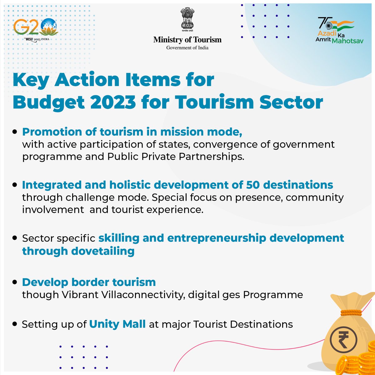 tourismgoi's tweet image. Key take aways from the deliberations at the Post Budget webinar on &apos;Developing Tourism in Mission Mode&apos;.

 Action plan and proposed model to face the present challenges and spur development in the #tourism sector in #missionmode