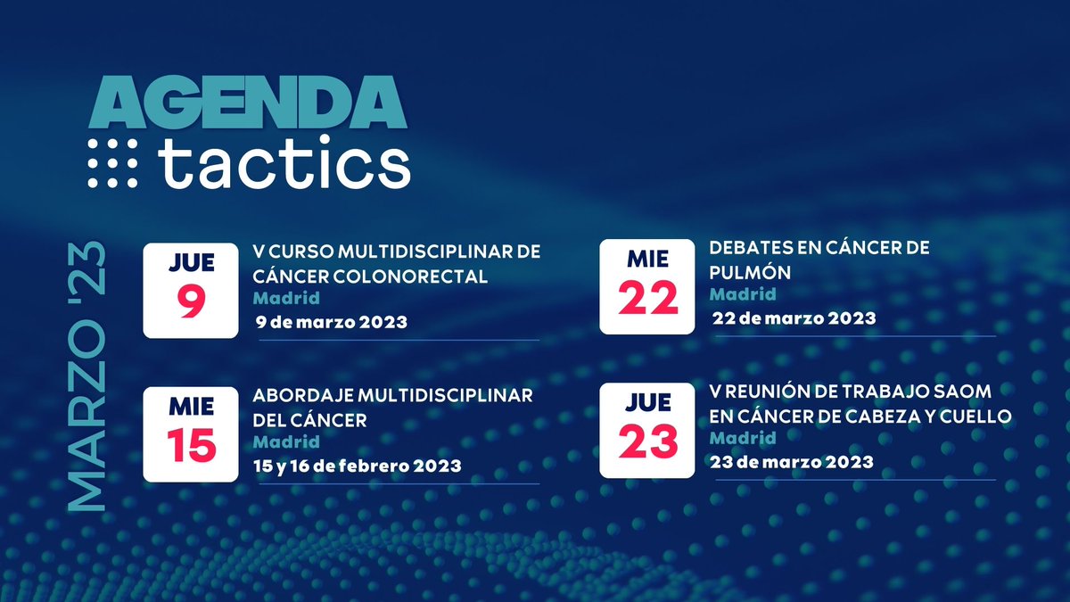 tactics_md's tweet photo. ¡Primer lunes de mes! Repasamos los eventos de marzo 🚀
Aún te puedes inscribir a todos ellos 📲 https://t.co/xFigMvyvxs
#MásQueCongresos💙 #Healthcare #WeareTactics https://t.co/SusbiKJ07W