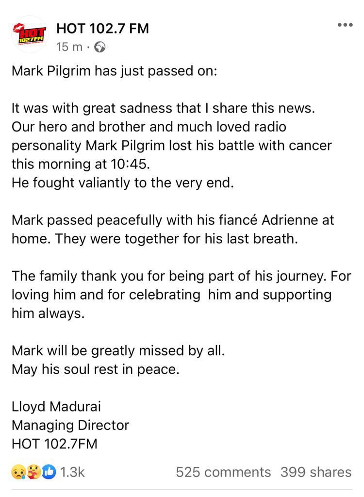 Breaking News: Legendary and celebrated broadcaster Mark Pilgrim has passed away at the age 53 #MarkPilgrim