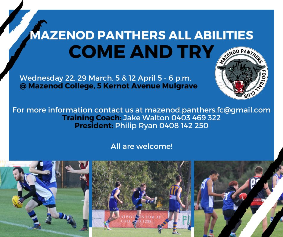 Come on down to the Mazenod Panthers pre-season training! Sessions run weekly on Wednesday nights from 5-6 p.m. and all are welcome ⚫⚪🔵