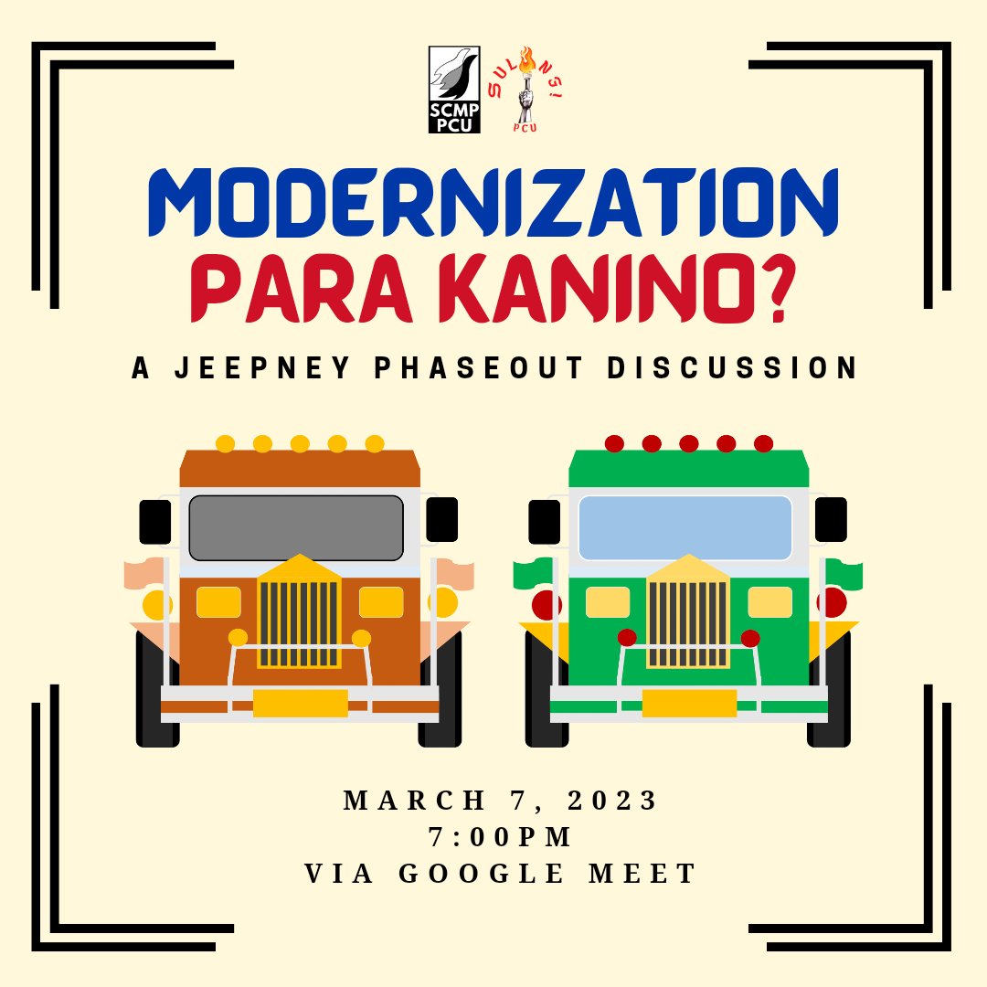 scmpPCU's tweet photo. MAY TRANSPORT STRIKE DAW? 😱

Halina't sama-sama nating talakayin ang kalagayan ng ating ng Jeepney operator at drayber.👋 Ating alamin ang rason kung bakit nga ba may inilulunsad na transport strike at bakit nga ba natin dapat suportahan ito.🤝

#NoToJeepneyPhaseout https://t.co/yhiJCsLYPn