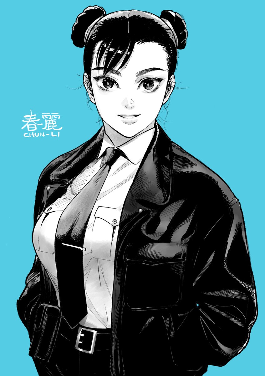 chun-li 1girl double bun hair bun solo necktie looking at viewer jacket  illustration images