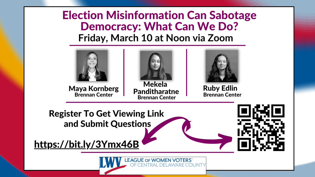 cyungmann (@cyungmann) on Twitter photo Hot Topic presentation about election misinformation sponsored by <a href="/DelcoLwv/">LWV of Central Delaware County</a>. Researchers from <a href="/BrennanCenter/">Brennan Center</a> will talk about social media sources of misinformation and what to do about it. Friday, March 10 at Noon on Zoom. Register to get Zoom link: bit.ly/3Ymx46B Hot Topic presentation about election misinformation sponsored by <a href="/DelcoLwv/">LWV of Central Delaware County</a>. Researchers from <a href="/BrennanCenter/">Brennan Center</a> will talk about social media sources of misinformation and what to do about it. Friday, March 10 at Noon on Zoom. Register to get Zoom link: bit.ly/3Ymx46B