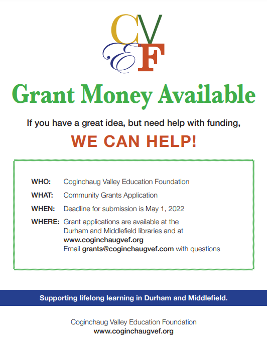 cvefct's tweet photo. Grant Money Available for educational programs serving Durham and Middlefield! Application deadline is May 1, 2023. For more information and to download an application, visit https://t.co/sxhzwV7IJy https://t.co/7QIC6cjhlH