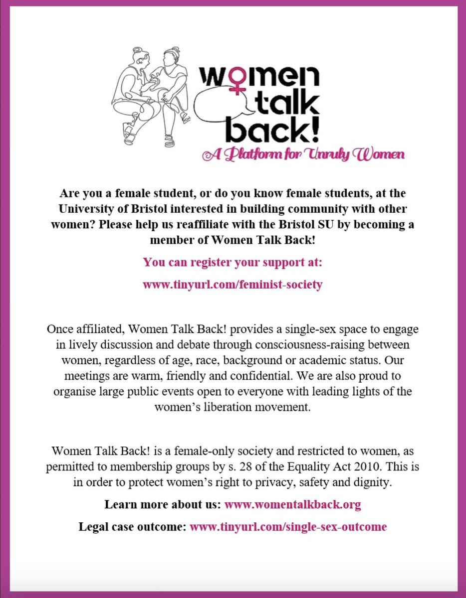 bindelj's tweet photo. URGENT FEMINIST HELP WANTED: @WomenTalk_Back
need women connected to Bristol Uni to log their support so they can re-affiliate: https://t.co/koRpspYWgZ Please share this with women in your networks. It takes LESS THAN 3 MINUTES &amp; means more feminism for women. https://t.co/r7W1iknyvD