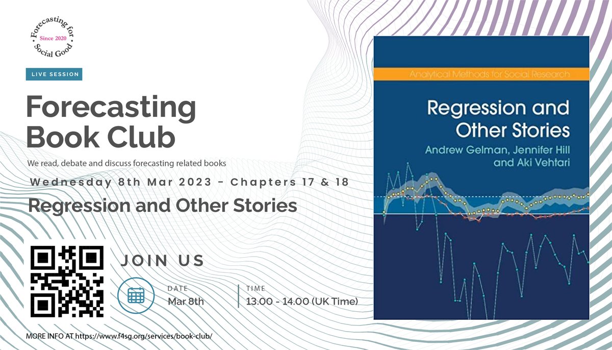 FSG_forecast's tweet image. Hi everyone,
We read Chapters 17 and 18  of "Regression and Other Stories" on Wednesday, March 8th, at 1 pm (UK time).
Here is the link to the book: lnkd.in/d5k4iDji
Join the Forecasting Book Club Slack Channel: lnkd.in/g3Mzpq8X
#F4SG #Forecasting #FBB
