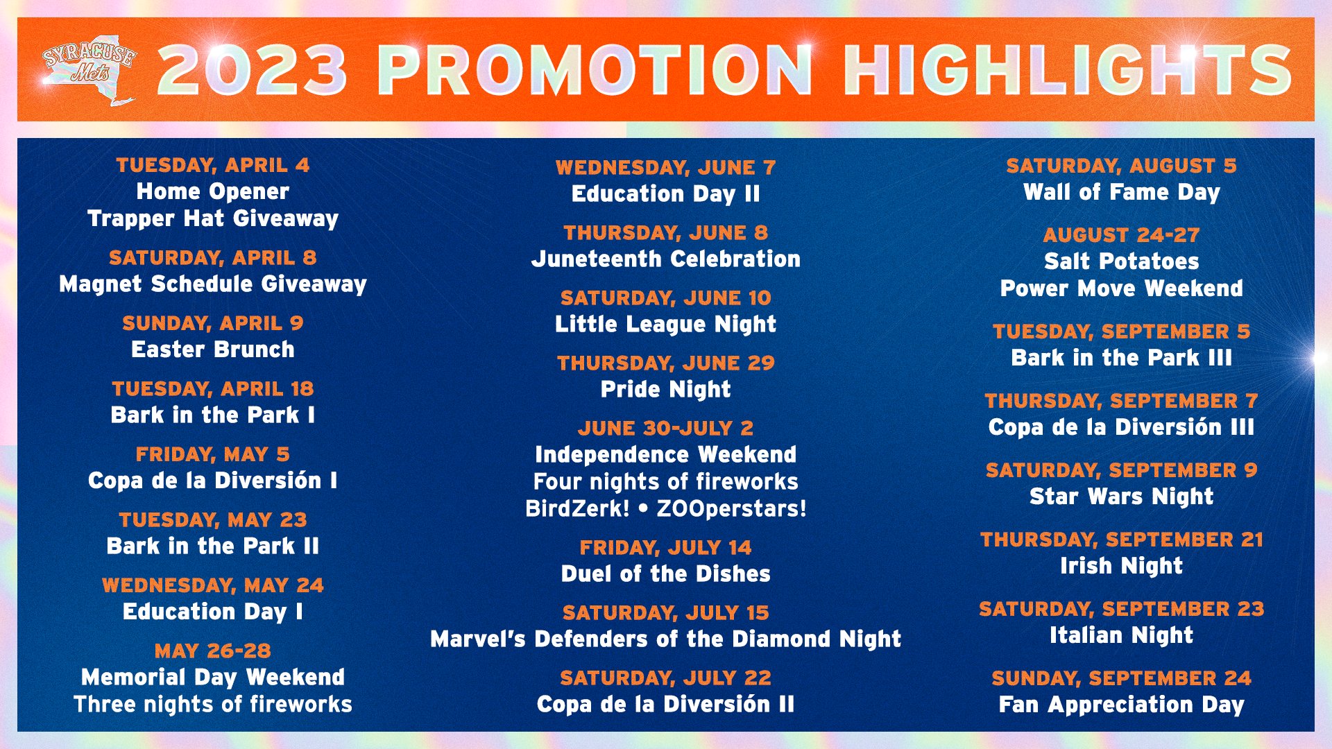 Syracuse Mets on X: Theme nights! Giveaways! And at least 2️⃣6️⃣ post-game  fireworks shows! 🎆 Learn all about our 2023 promotional schedule and buy  individual game tickets NOW at    /