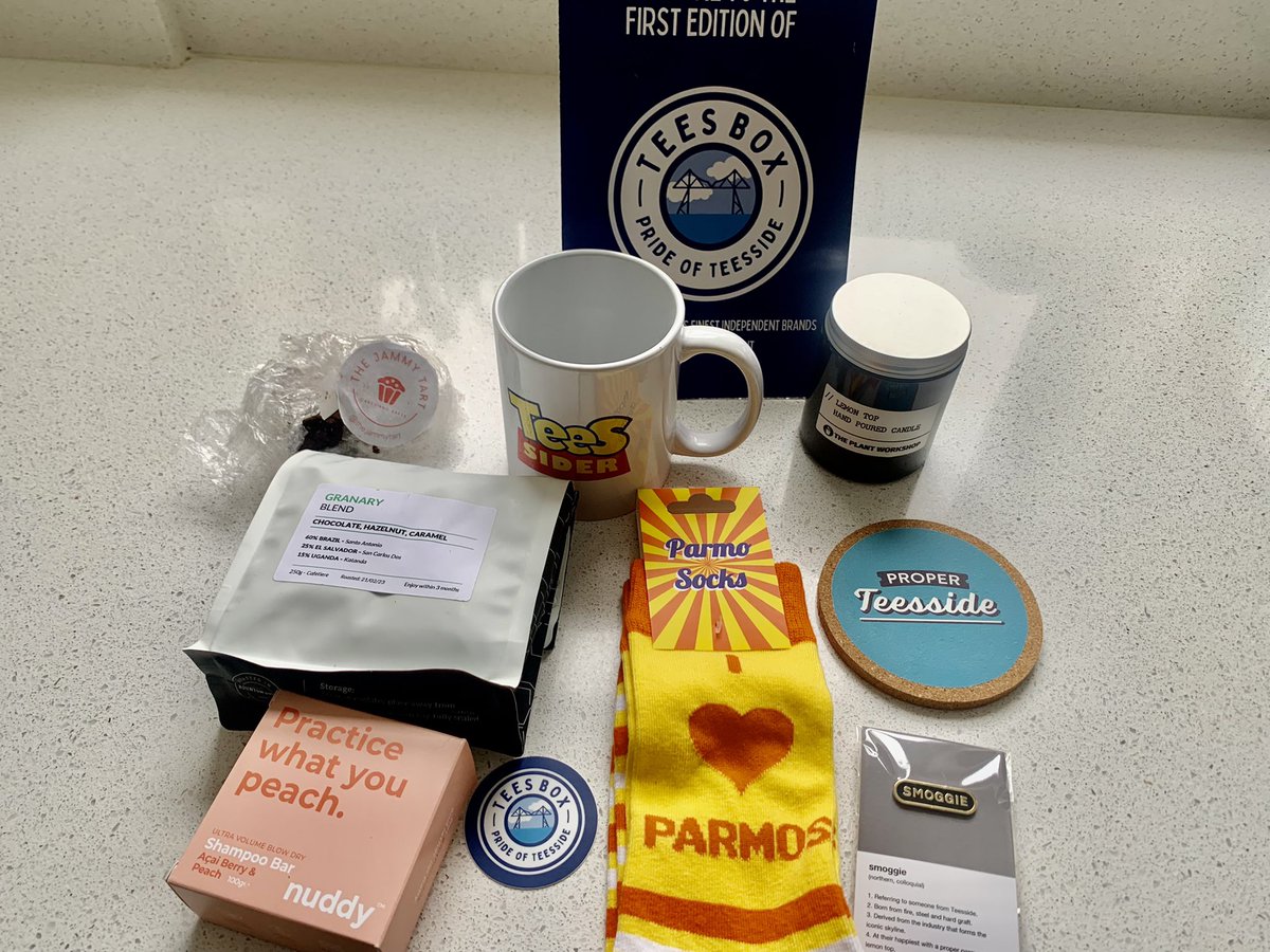 DaveNAAllan's tweet photo. So chuffed I subscribed for the first ever #TeesBox - a brilliant idea by @DWatson89 &amp; @jimmylees 

Surprise gifts celebrating the best of local businesses - including Parmo socks and Teessider mug. https://t.co/TSOs6c66dP