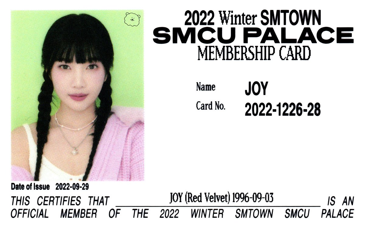 2022 Winter SMTOWN : SMCU PALACE (GUEST. Red Velvet)🐰🐻🐥

*Membership Card Ver. ID Card*

#RedVelvet #레드벨벳 #아이린 #IRENE #슬기 #SEULGI #조이 #JOY