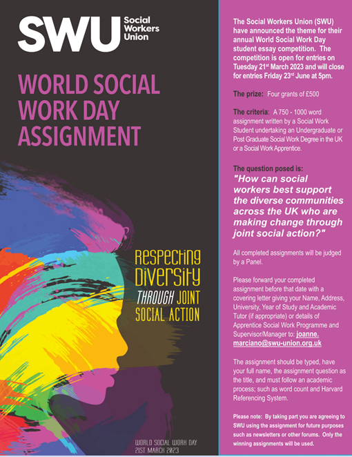 Cool to see <a href="/SWU_UK/">Social Workers Union</a> are going to be running this essay competition for social work students again - focus on Social Action also very nice to see! 

Entries open 21st March - four £500 prizes.
