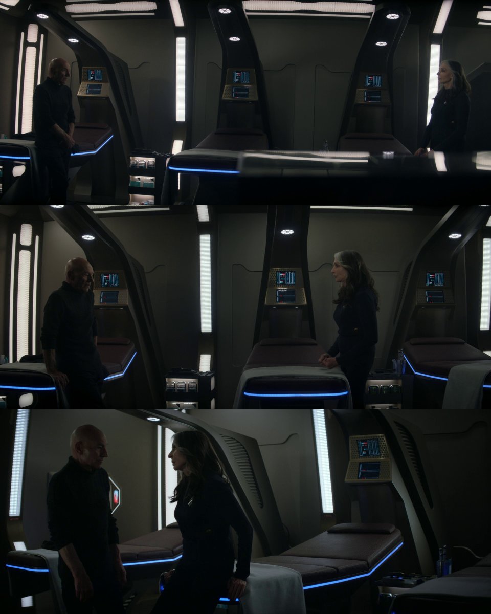 gaghyogi49's tweet photo. I love how the distance between Picard and Crusher during THE talk in sickbay keeps shrinking as Crusher comes closer and closer to Picard in #StarTrekPicard's "Seventeen Seconds". https://t.co/vkQlLjJUNb