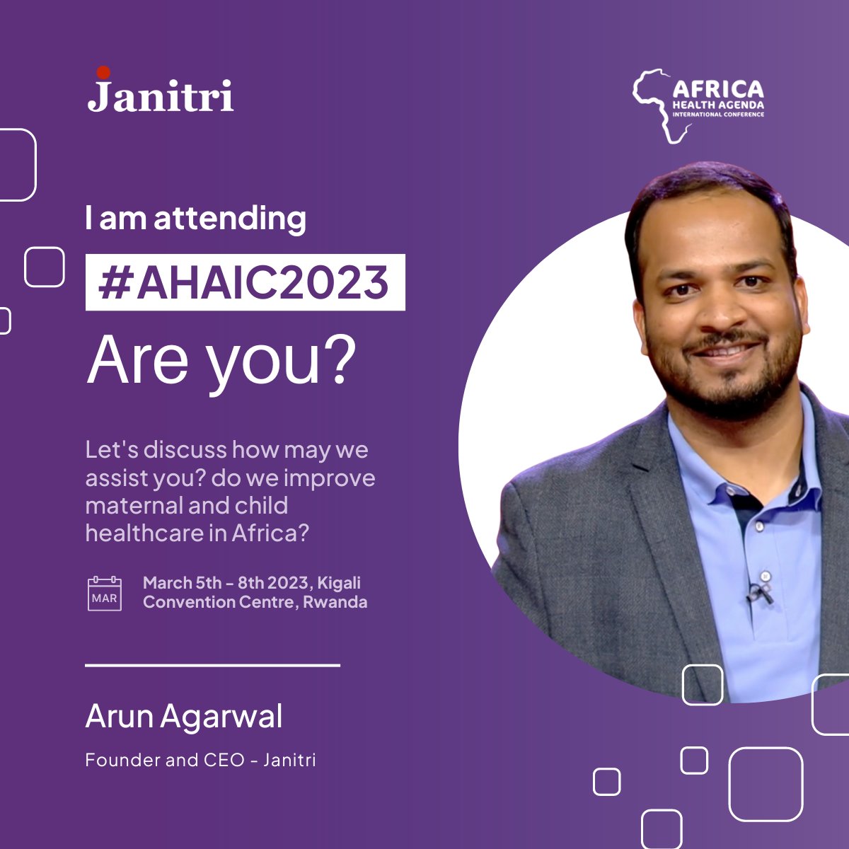 Our CEO, <a href="/arun_janitri/">Arun Agarwal</a>, will attend the African Health Agenda International Conference in Kigali, #AHAIC2023. He'll engage with global health leaders to shape the future of healthcare in Africa. 
<a href="/Amref_Worldwide/">Amref Health Africa</a> <a href="/AfricaCDC/">Africa CDC</a>

#PublicHealth #HealthAgenda #Africahealth #Janitri