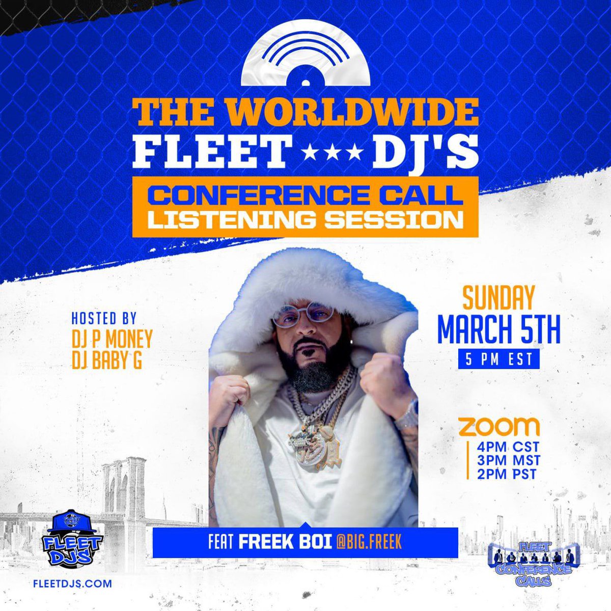 Today @ 5pm est Fleet DJ'S Conference call Listening Session Hosted By  @djpmoneynyc & @djbabyg70 we will be listening to. @big.freek  WORLD Project  Follow @fleetdjs on both WE BREAK RECORDS.