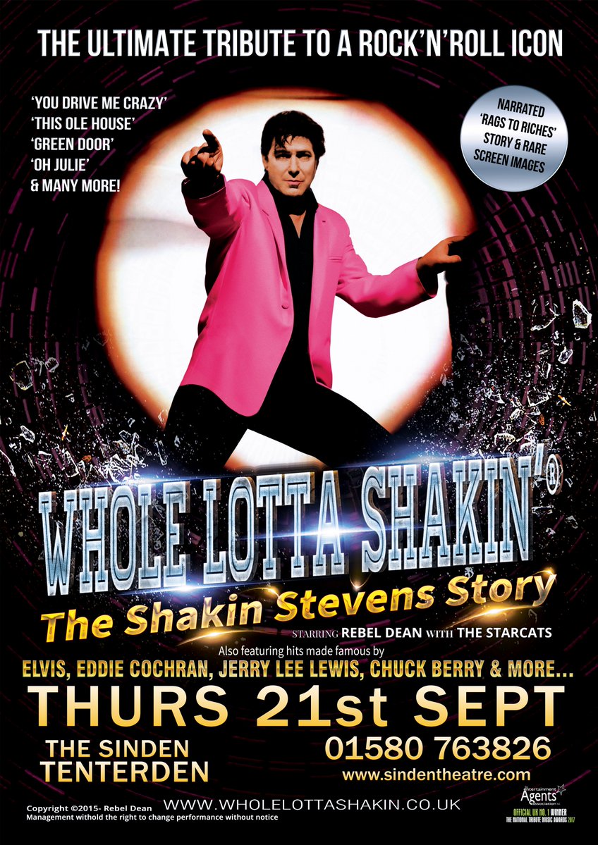 The Sinden Theatre (@sindentheatre) on Twitter photo 📅Thursday 21st September ⌚7:30PM 
🎟Admission £25
🎶The award winning tribute to the UK’s biggest selling singles artist of the 1980s- Whole Lotta Shakin’- The Shakin Stevens Story is a nostalgic celebration, jam packed with feel-good Rock ‘n’ Roll! 🕺 📅Thursday 21st September ⌚7:30PM 
🎟Admission £25
🎶The award winning tribute to the UK’s biggest selling singles artist of the 1980s- Whole Lotta Shakin’- The Shakin Stevens Story is a nostalgic celebration, jam packed with feel-good Rock ‘n’ Roll! 🕺