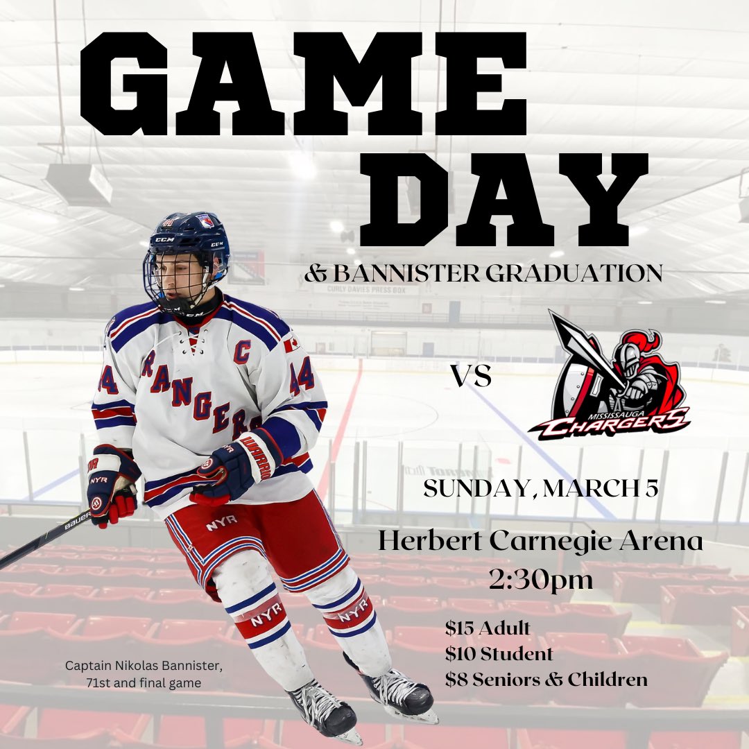 OJHLRangers's tweet photo. ITS GAMEDAY!!

Last home game of regular season! Join us this afternoon as we celebrate and honour our captain, and graduating player, Nikolas Bannister! We’ll see you there👏🏼

🆚: @chargersojhl 
📍: Herbert Carnegie Arena
🕝: 2:30pm
💻: @MyHockeyTV https://t.co/OSDoH89FuR