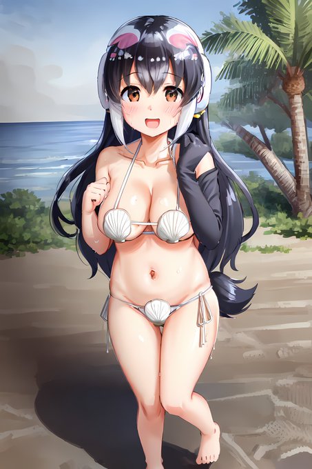 AI描きプログラムでケープペンギンの水着姿を一度作ってみました。貝ビキニはスチームアライ(@araifuhaha)さん絵を少し参考にしました🐧👙

#けものフレンズ
#stablediffusion 
#AIイラスト 
